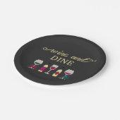 Moderne Wijn en Dinner Party Black met Gold Text Papieren Bordje (Gekanteld)