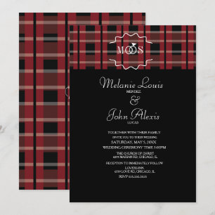 Moderne wijnflanel tartan geruite ringlogo trouw kaart