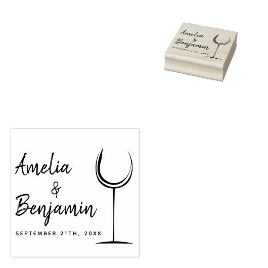 Moderne wijnglas typografie Couple`s Naam Bruiloft Rubberstempel (Gestempeld)