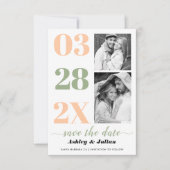 Moderne wijze groen, perzik typografie twee foto save the date (Voorkant)