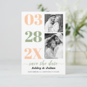 Moderne wijze groen, perzik typografie twee foto save the date (Staand voorkant)