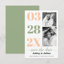 Moderne wijze groen, perzik typografie twee foto save the date