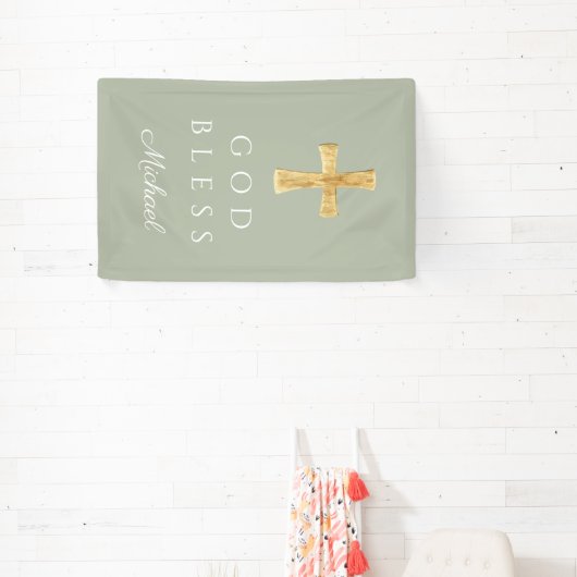 Moderne Wijze Groen Religieus Kruis God Zegen Spandoek (Insitu)