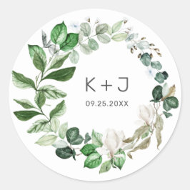 Moderne Wijze Groene Krans Witte Bloemen Bruiloft Ronde Sticker