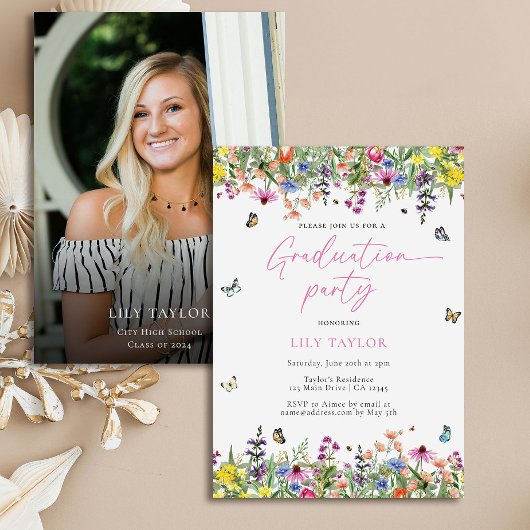 Moderne Wildbloem Bloemen Foto Graduation Party Kaart