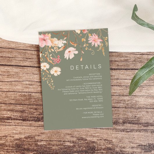Moderne Wildbloem | Sage Groene bruiloft Details Informatiekaartje
