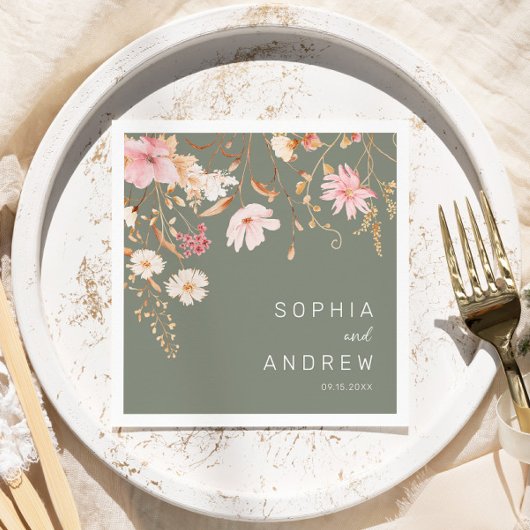 Moderne Wildbloem | Sage Groene Tuin Huwelijk Servet