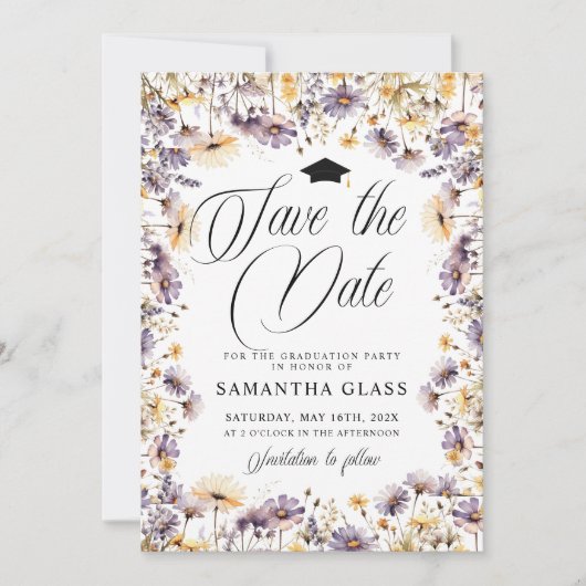 Moderne Wildbloemen Bewaar de datum Foto Afstudere Kaart (Voorkant)