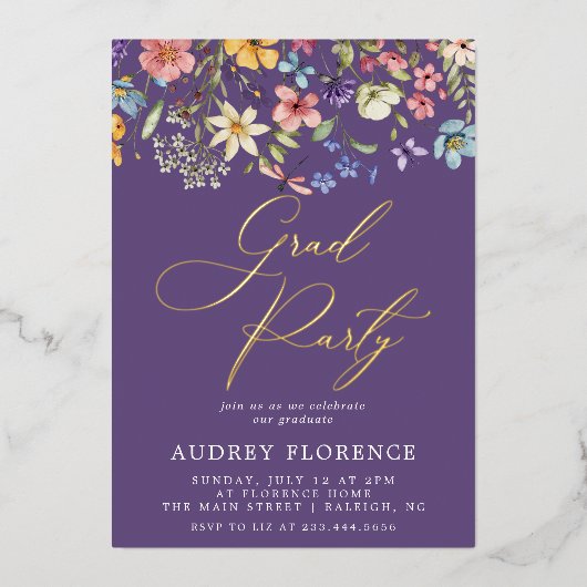 Moderne Wildbloemen Bloemen Foto Graduation Party Folie Uitnodiging (Voorkant)