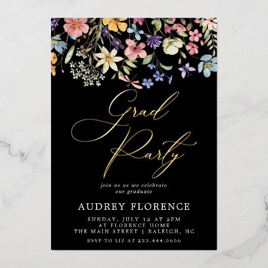 Moderne Wildbloemen Bloemen Foto Graduation Party Folie Uitnodiging (Voorkant)