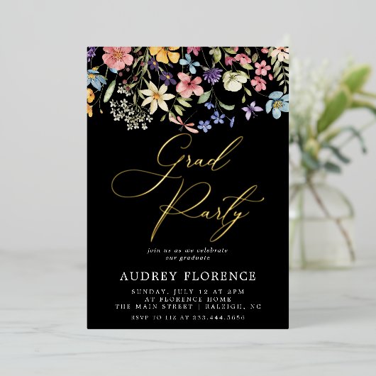 Moderne Wildbloemen Bloemen Foto Graduation Party Folie Uitnodiging (Staand Voorkant)