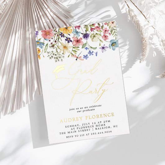 Moderne Wildbloemen Bloemen Foto Graduation Party Folie Uitnodiging
