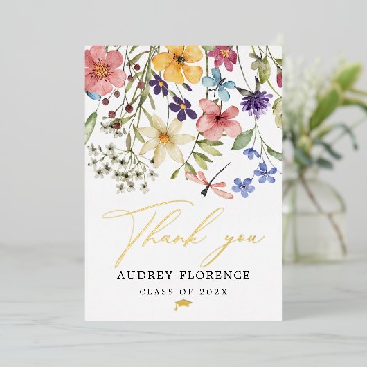 Moderne Wildbloemen Bloemen Foto Graduation Party Folie Uitnodiging (Staand Voorkant)