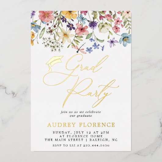 Moderne Wildbloemen Bloemen Foto Graduation Party Folie Uitnodiging (Voorkant)