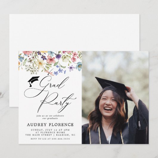 Moderne Wildbloemen Bloemen Foto Graduation Party Kaart (Voorkant / Achterkant)