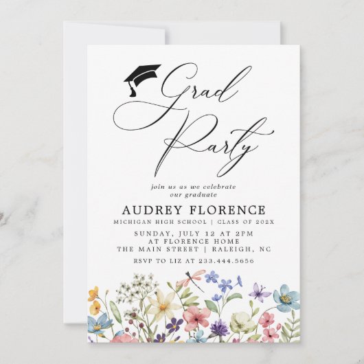 Moderne Wildbloemen Floral Graduation Party Kaart (Voorkant)