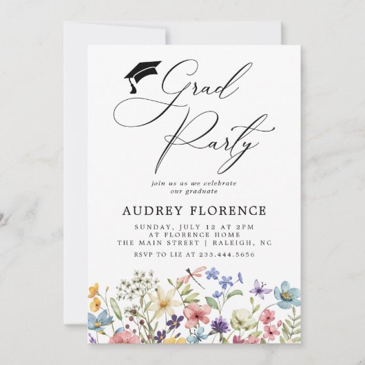Moderne Wildbloemen Floral Graduation Party Kaart (Voorkant)