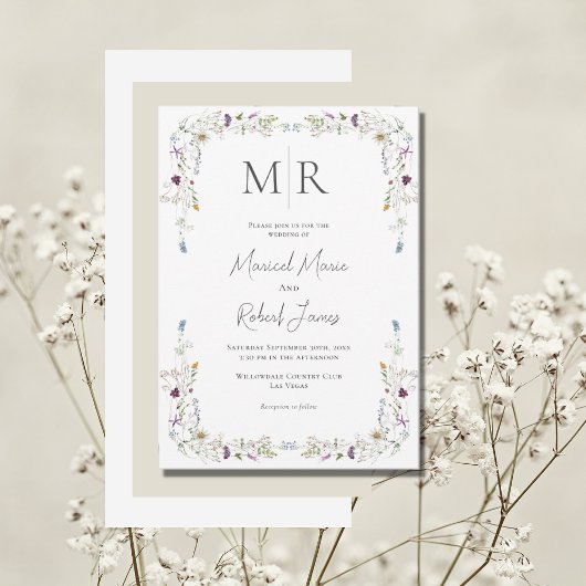 Moderne Wildbloemen Monogram Bruiloft Kaart