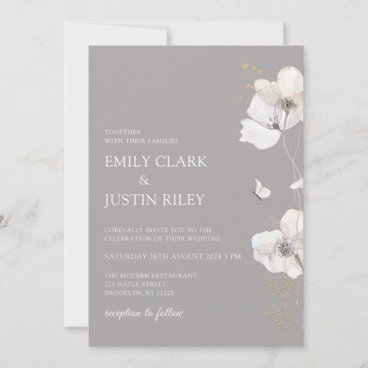 Moderne Wildbloemen Waterverf Beige Bruiloft Kaart (Voorkant)