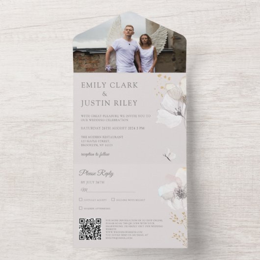 Moderne Wildbloemen Waterverf Foto QRCode bruiloft All In One Uitnodiging (Binnen)