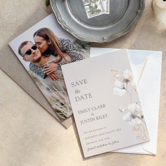 Moderne Wildbloemen Waterverf Foto Save the Date Kaart