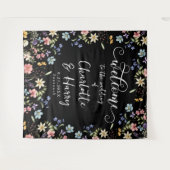 Moderne Wildbloemen Zwart Bruiloft Welkom Achtergr Wandkleed (Voorkant (horizontaal))