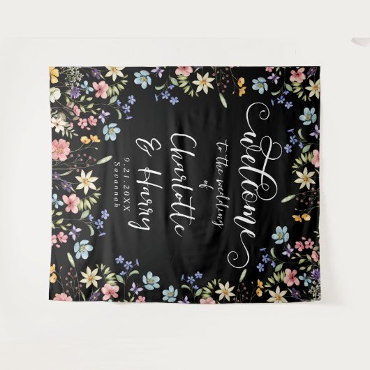 Moderne Wildbloemen Zwart Bruiloft Welkom Achtergr Wandkleed (Voorkant (horizontaal))
