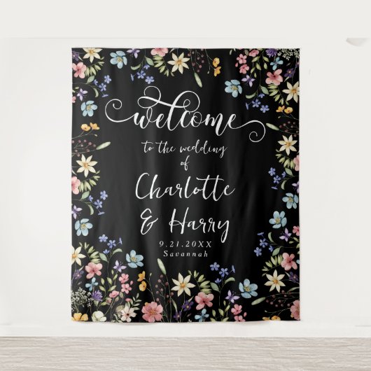 Moderne Wildbloemen Zwart Bruiloft Welkom Achtergr Wandkleed (Voorkant)