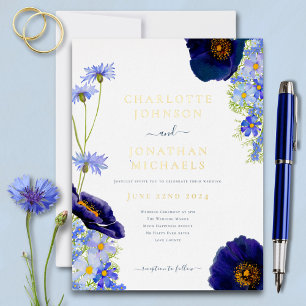 Moderne Wilde Bloem Blauw en Goud Folie Uitnodiging Briefkaart