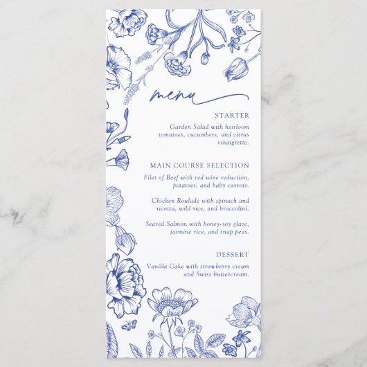Moderne Wilde Bloem Blauwe Bloemstuk Bruidsontbijt Menu (Voorkant)