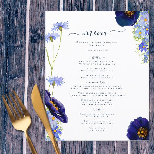 Moderne Wilde Bloem Blauwe Boho Trouwmenu