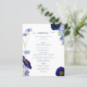 Moderne Wilde Bloem Blauwe Boho Trouwmenu (Staand voorkant)
