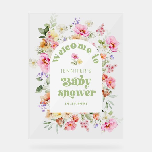 Moderne Wilde Bloem Boog Baby Shower Welkom Acryl Bord (Voorkant)