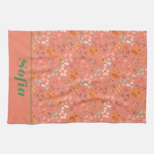 Moderne wilde bloem roze geel patroonnaam sinaasap theedoek (Horizontaal)