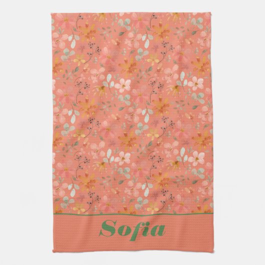 Moderne wilde bloem roze geel patroonnaam sinaasap theedoek (Verticaal)