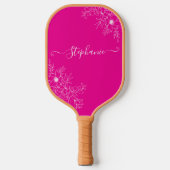 Moderne Wilde Bloem Roze Script Naam Elegante Bloe Pickleball Paddle (Voorkant)
