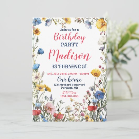 Moderne wilde bloem verjaardagsuitnodiging Boho bl Kaart (Staand voorkant)