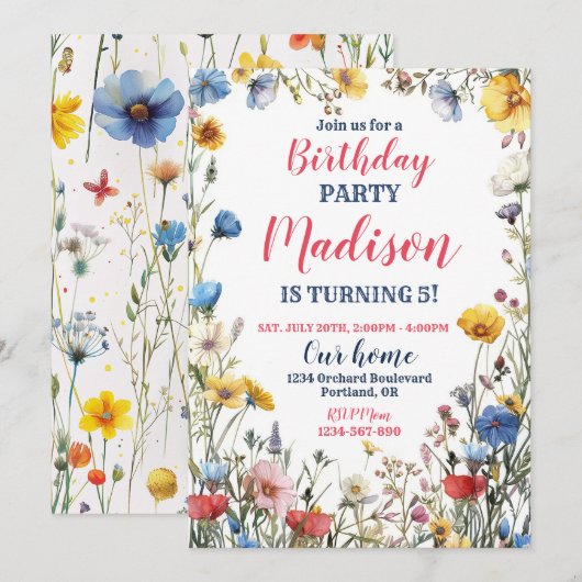 Moderne wilde bloem verjaardagsuitnodiging Boho bl Kaart (Voorkant / Achterkant)