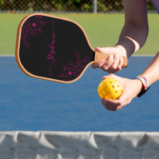 Moderne Wilde Bloem Zwarte Roze Script Naam Bloems Pickleball Paddle