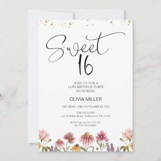 Moderne wilde bloemen 16e verjaardag uitnodiging (Voorkant)