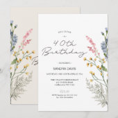 Moderne wilde bloemen 40e verjaardag uitnodiging (Voorkant / Achterkant)
