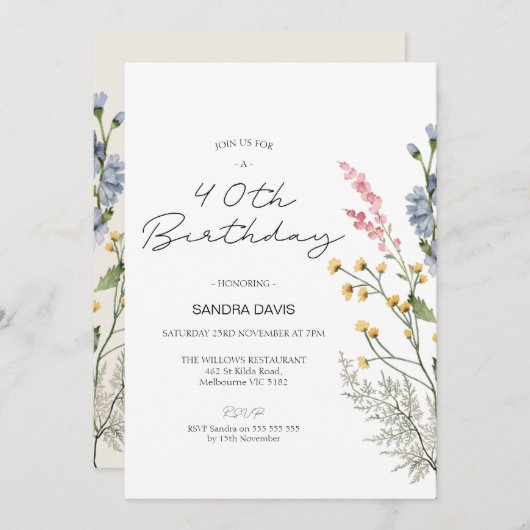 Moderne wilde bloemen 40e verjaardag uitnodiging (Voorkant / Achterkant)