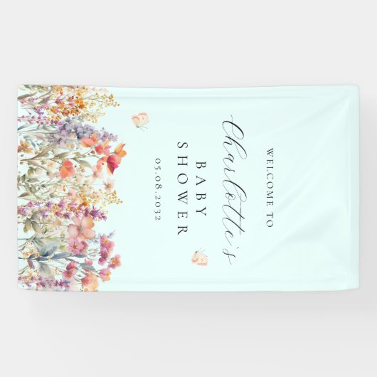Moderne, wilde bloemen baby shower welkom  spandoek (Horizontaal)