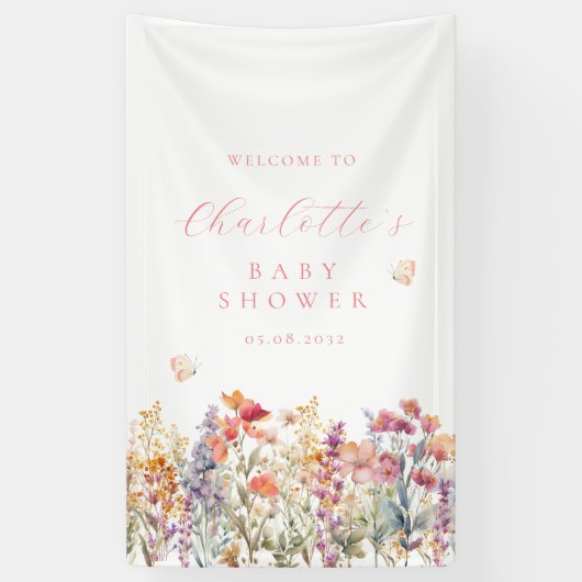 Moderne, wilde bloemen baby shower welkom  spandoek (Verticaal)