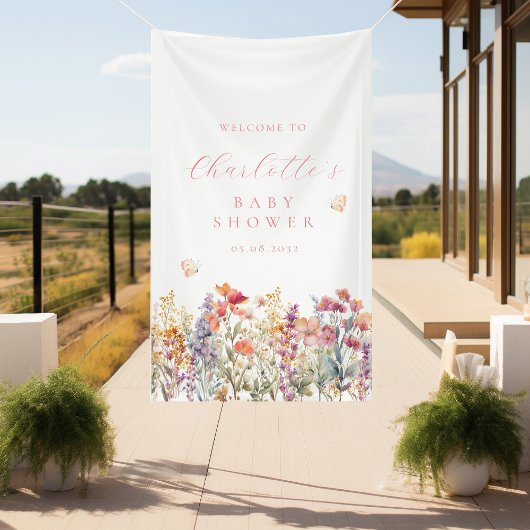 Moderne, wilde bloemen babyshower welkom  spandoek