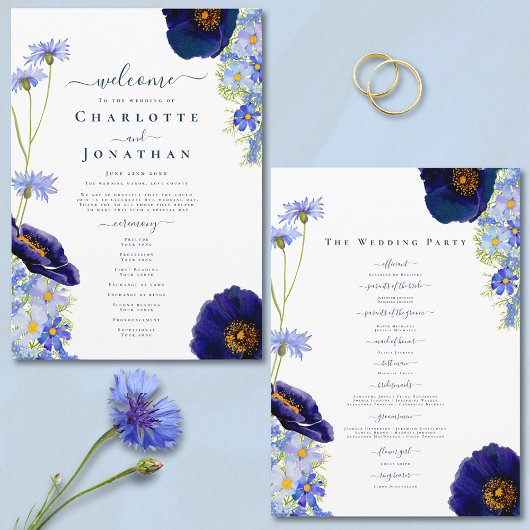 Moderne Wilde Bloemen Blauwe Trouwdag Programmakaart