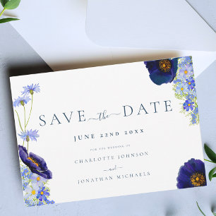 Moderne Wilde Bloemen Blauwe Trouwdag Save The Date