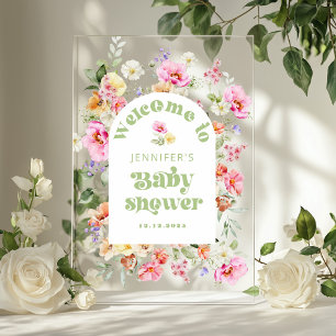 Moderne Wilde Bloemen Boog Baby Shower Welkom Acryl Bord