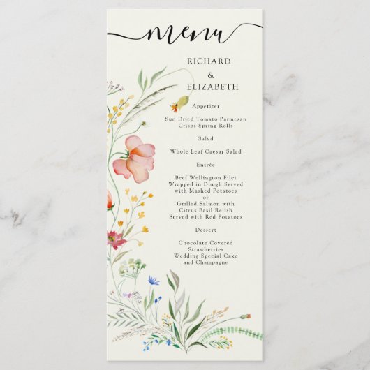 Moderne Wilde Bloemen Minimalistische Elegante Tro Menu (Voorkant)