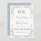 Moderne Wilde Bloemen Monogram Blauw Bruiloft Save The Date (Voorkant / Achterkant)